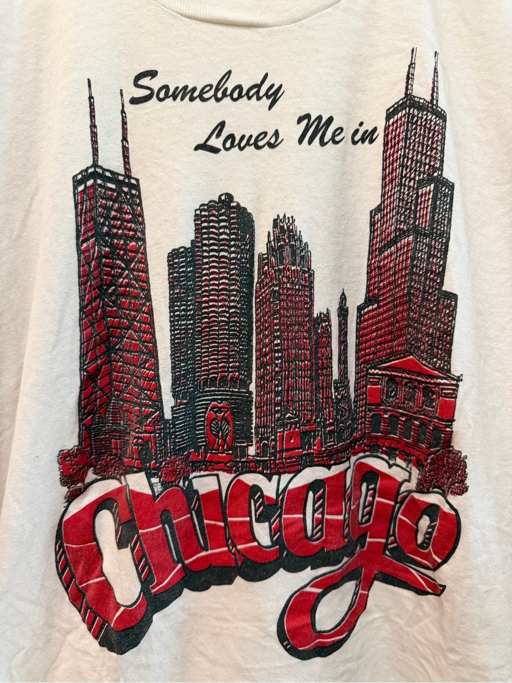 Vintage White Tee with Red and Black Chicago Skyline Graphic